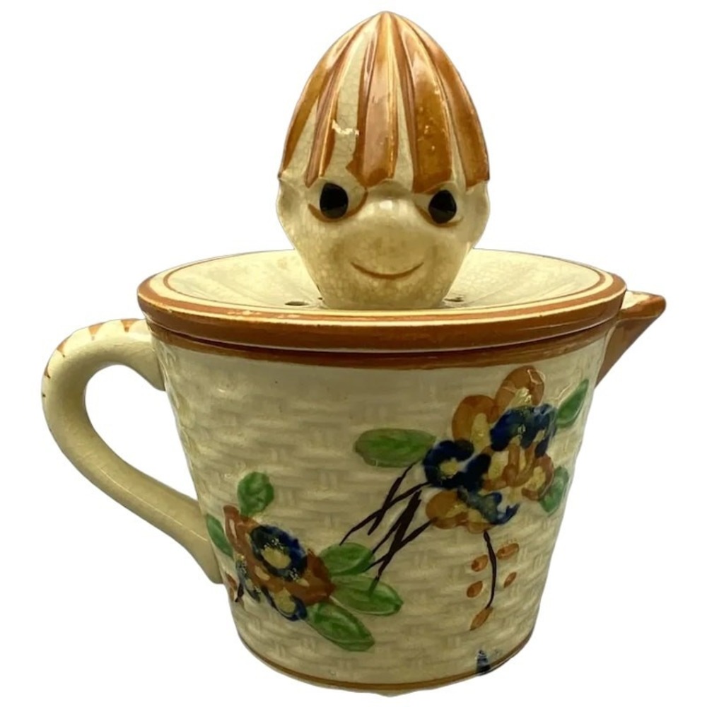 Made in Japan 2pc Figural Reamer Juicer Basket Weave Glazed Pottery Hand Painted